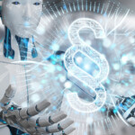 White robot on blurred background using law paragraph digital hologram 3D rendering