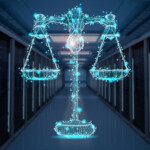 Internet law concept with digital display law scale illustration
