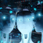 Group of female robots heads close to each others cyborg army concept 3d rendering